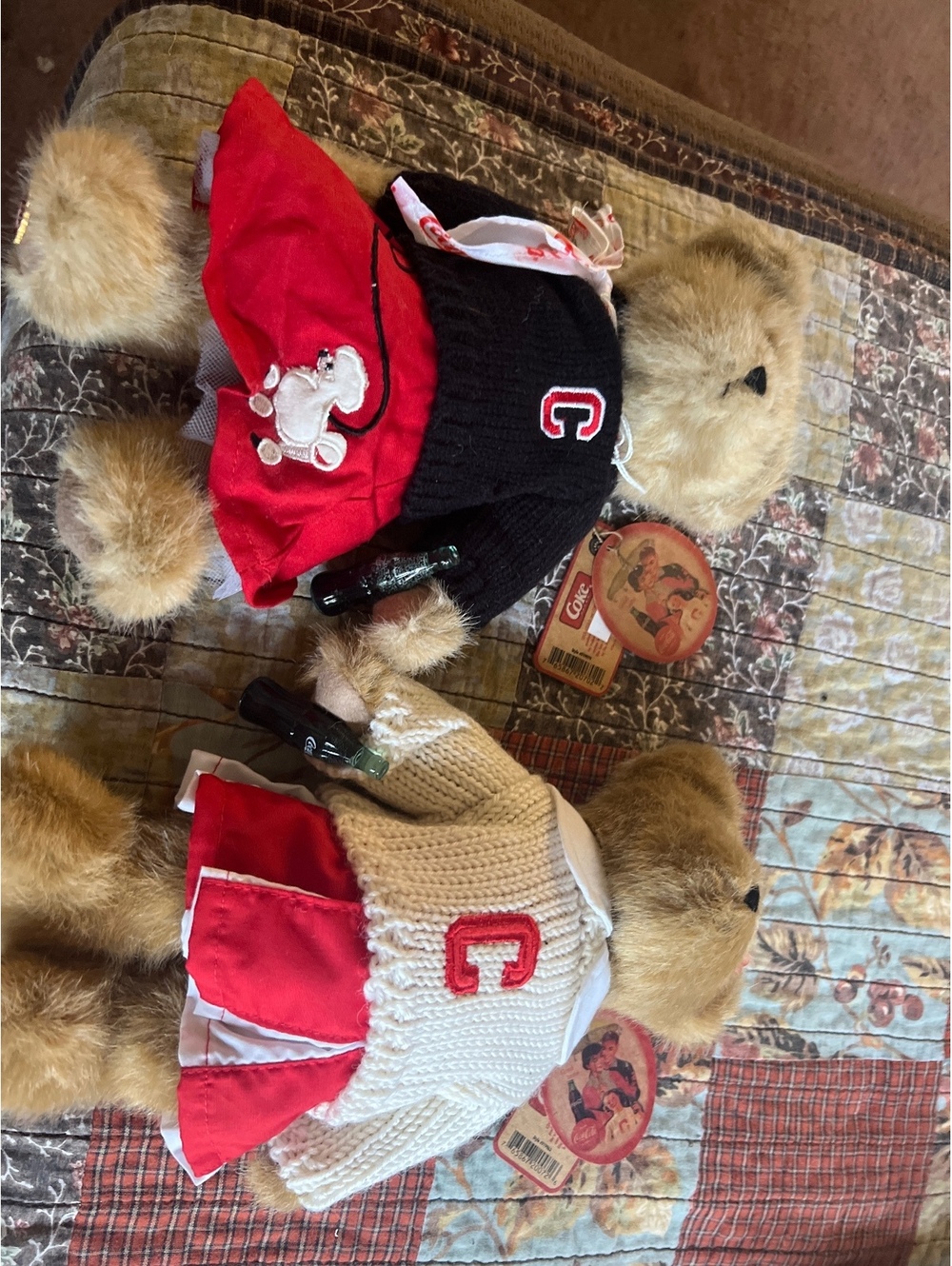 Vintage Coca-Cola Collectible Bear Pair with Knitted Sweaters and Red Skirts